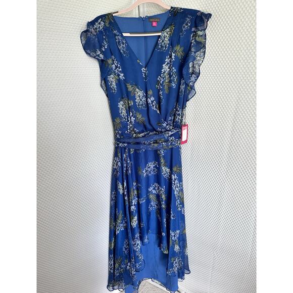 Vince Camuto Blue Y2k V Neck Floral Full-Length Fit Flare Ruffle Dress 18w Blue - Picture 5 of 12